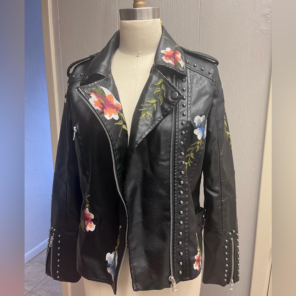 Floral Embroidered Black Leather Jacket